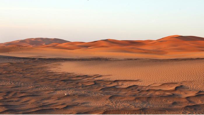 an orange sand dune with wind ripples beneath a clear blue sky