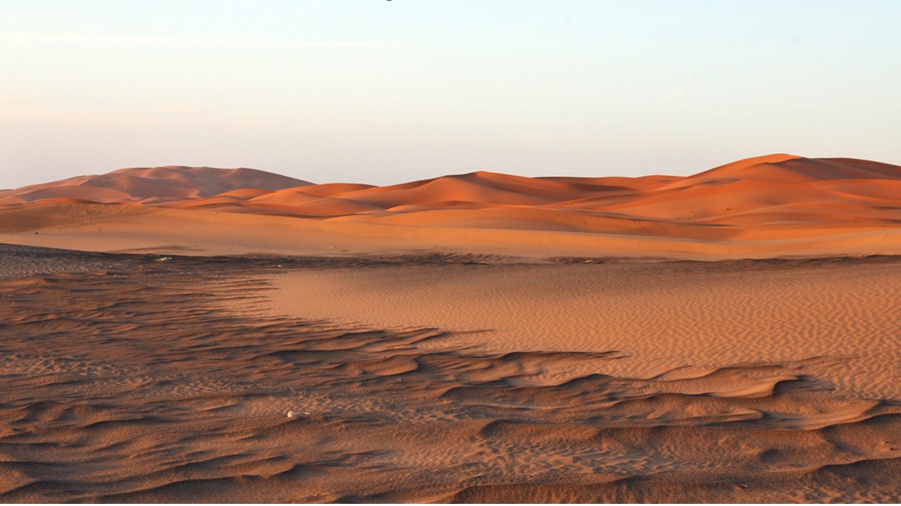 an orange sand dune with wind ripples beneath a clear blue sky