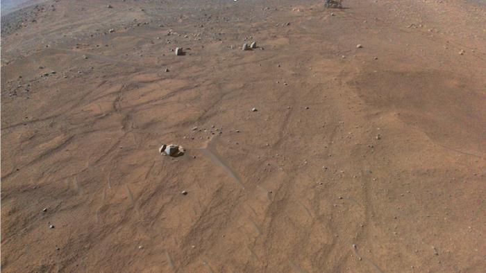 a flat rocky plain of dry regolith crossed by track-like disturbances